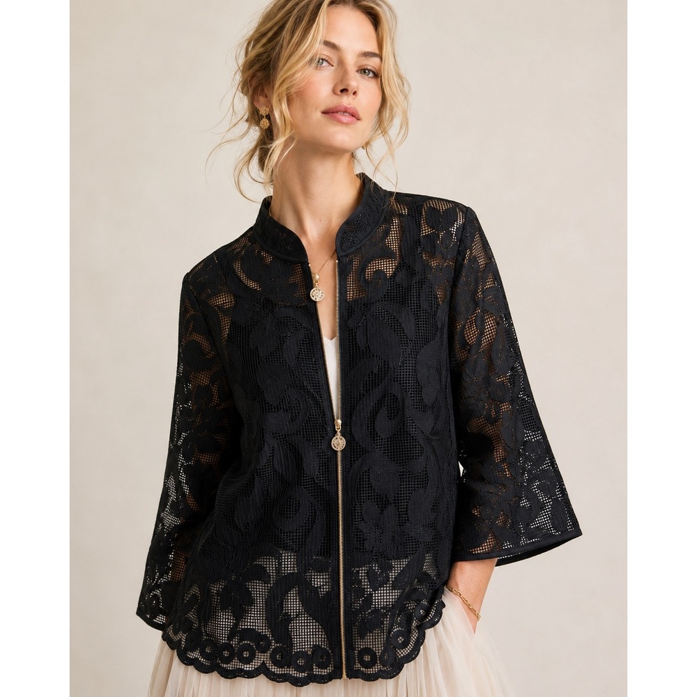 Anne Klein Black Floral Lace Mesh Zip Jacket Sheer Romantic Boho Elegant Career